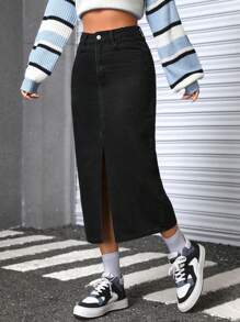 SHEIN PETITE 女式側開衩牛仔裙 - 黑色 - 查看 5