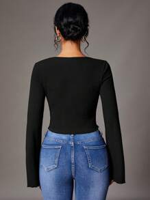 SHEIN Tall Solid Color Lace Patchwork Long Sleeve T-Shirt