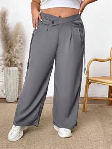 SHEIN CURVE+ Kích thước lớn Màu thuần Quần chân thẳng - Xám - Xem 1