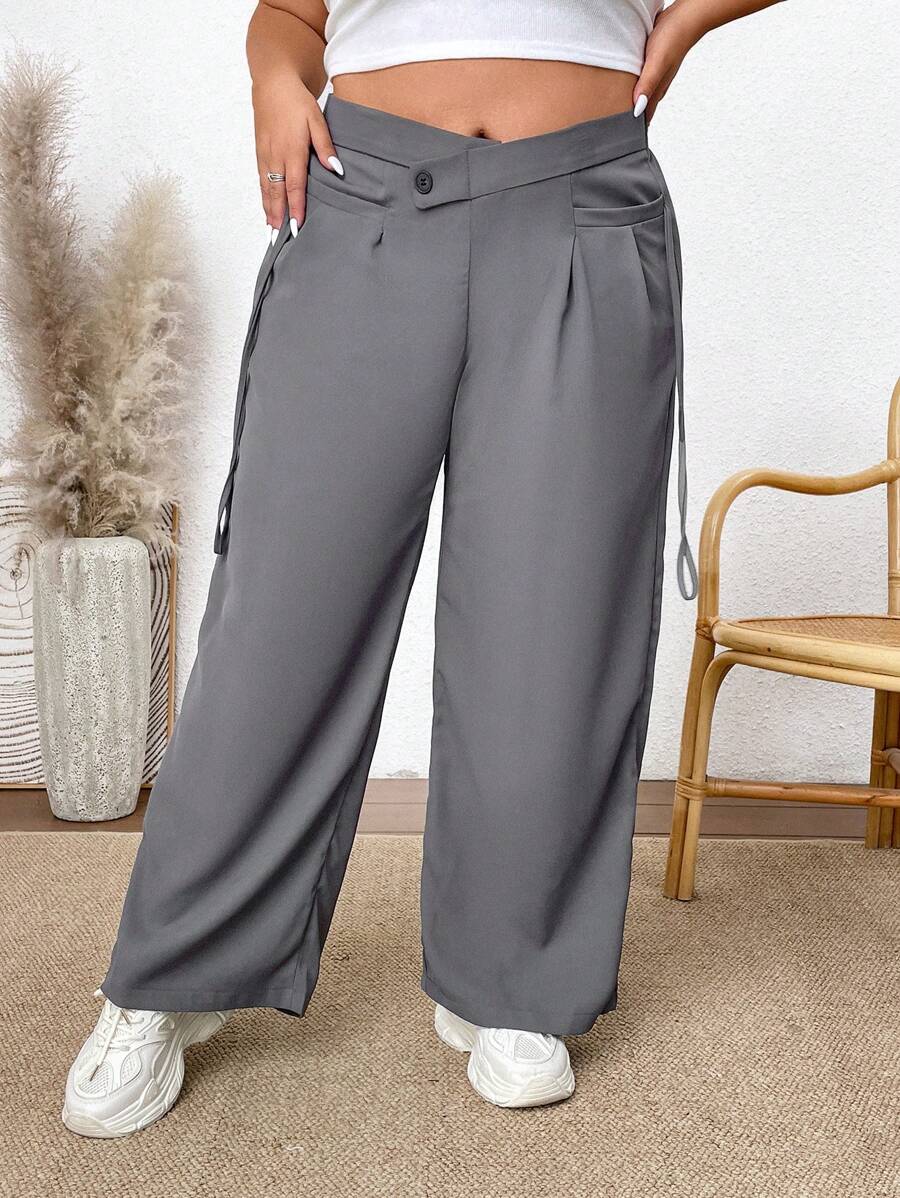 SHEIN CURVE+ Kích thước lớn Màu thuần Quần chân thẳng - Xám - Xem 1