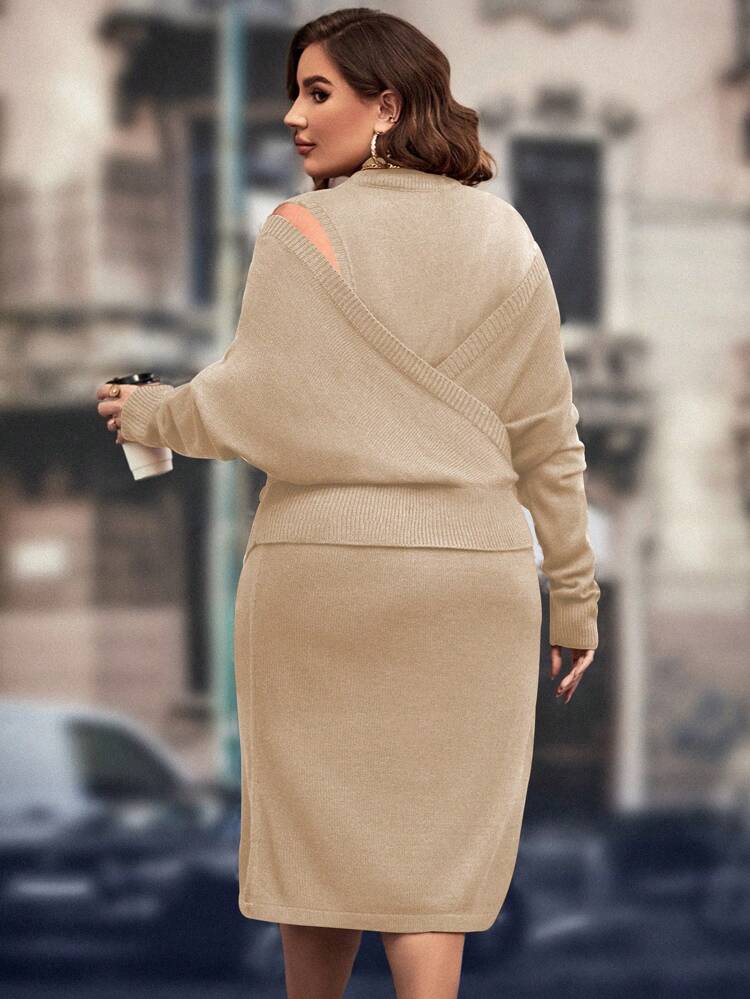 Plus Size Stand Collar Long Sleeve Solid Color Sweater And Knitted Skirt Set