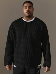 SHEIN Manfinity Homme Men's Plus Size Loose Fit Waffle Plaid Patterned Long Sleeve T-Shirt - Black - View 1