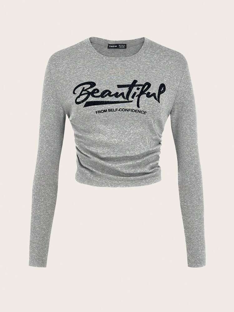 Women's Grey Long Sleeve Ruffle T-shirt