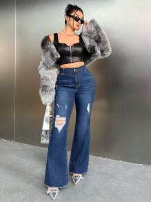 SHEIN ICON Y2K 女款蓝色弹力破洞高腰紧身喇叭牛仔裤 - 藍色 - 查看 3