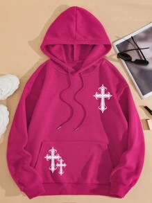 INAWLY 带袋鼠口袋、十字图案、保暖衬里、长袖上衣的连帽运动衫 - 玫紅色 - 查看 3