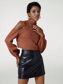 NILLARY Designer Women Solid Color Hollow Out Shoulder & Stand Collar Cropped Sweater, For Holiday, Vacation, Festival, Ibiza Fits - Rust Brown - View 5