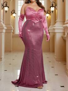 SHEIN Belle Plus Size Bust Gathered Satin Patchwork Sequin Strapless Fishtail Evening Dress With Gloves - Dusty Pink - View 1