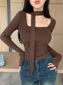 DAZY Solid Color Square Neck Slim Fit Sweater - Brown - View 5