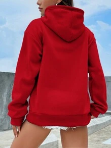 RueChic Sudadera Con Capucha De Forro Polar De Color Sólido Para Mujer Con Cordón - Rojo - Ver 2