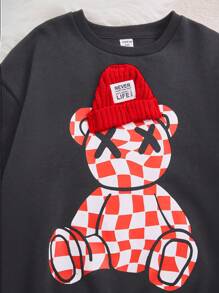 SHEIN Tween 女童宽松运动 3D 泰迪熊印花羊毛卫衣 - 灰色 - 查看 6