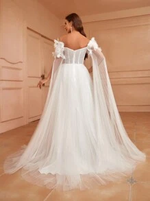 SHEIN Belle Off-Shoulder Wedding Dress With 3d Floral Cape Sleeves And Tulle Overlay