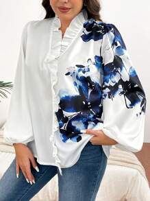 Celure Plus Size Floral Print Shirt With Ruffled Hem - White - View 5