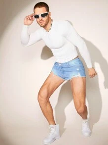 FeverCity Men's Cropped Knit Casual Long Sleeve T-Shirt - White - View 5