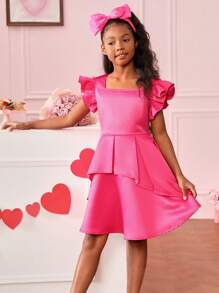 Vestido De Manga Corta Con Dobladillo Con Volantes De Color Liso Para Niña - Rosa Fucsia - Ver 6