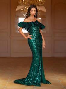 SHEIN Belle Abito Da Donna In Rete Con Spacco Alto E Spalle Scoperte Con Decorazioni Di Paillettes E Finiture Con Volant