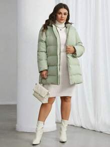SHEIN Essnce Women's Plus Size Solid Color Hooded Padded Coat - Mint Green - View 6