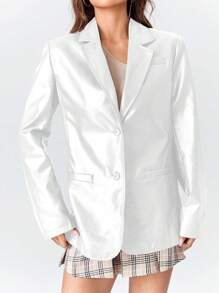 SHEINNeu 披肩兜領人造皮革西裝外套 - 白色 - 查看 6