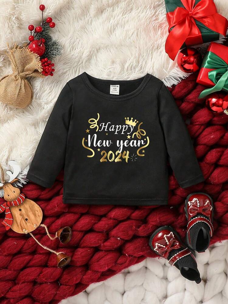 Baby Girls' Letter Print Round Neck Long Sleeve T-shirt