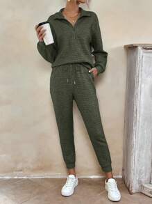 SHEIN LUNE Zippered Half Placket Hoodie And Pants Set - Army Green - View 4