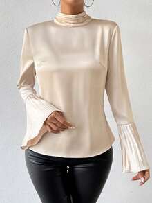 SHEIN Privé Elegant Pleated Loose Fit Blouse With Bell Sleeves - Apricot - View 5