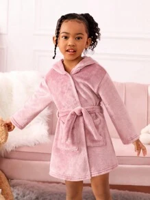 SHEIN 女童卡通刺绣保暖针织双面绒带帽浴袍，适合冬季穿着，幼儿浴袍，女童蓬松睡衣浴袍 - 粉色 - 查看 3