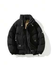 Men's Drawstring Padded Coat With Patch Design - Black - View 1