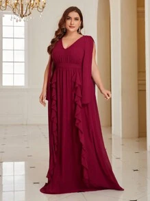 SHEIN Belle 大尺碼荷葉邊v領伴娘禮服 - 酒紅色 - 查看 1