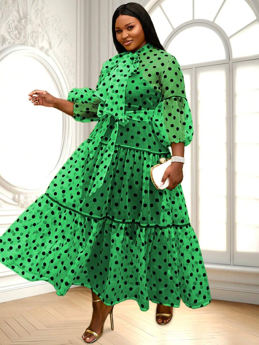 Hơn In vết tròn Polka Tay áo lồng đèn Xù Hoa Sen Váy có thắt lưng - màu xanh lá - Xem 1