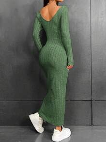 SHEIN LUNE Women'S Ribbed Knitted Long Sleeve Dress - Olive Green - View 2
