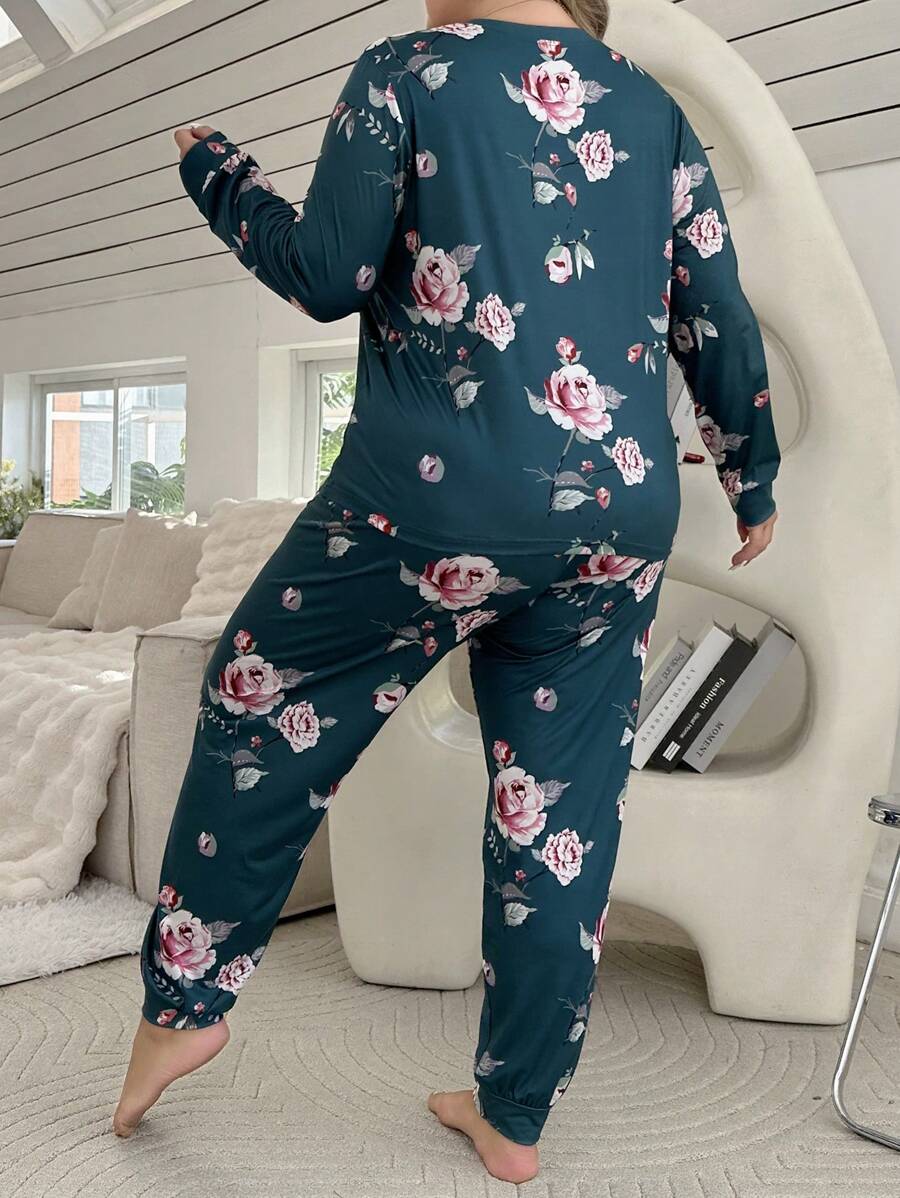 Women's Plus Size Floral Printed Long Sleeve Top And Long Pants Pajama
