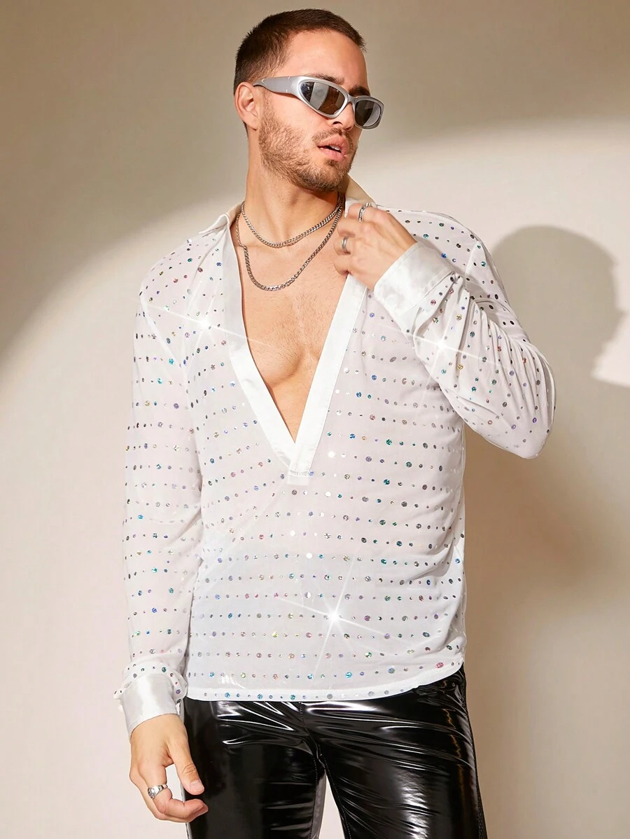 FeverCity Men'S See-Through Long Sleeve Shirt With Glitter Sequins Decoration - White - View 1