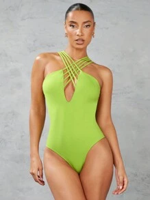 SHEIN BAE Solid Color Cross Straps Bodycon Bodysuit With Thin Straps For Summer Streetwear - Green - View 6