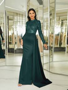 Missord 亮片拼接侧垂晚礼服 - 墨綠色 - 查看 1