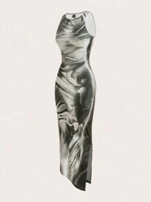 SHEIN ICON Nhuộm buộc Mẫu Lưới Gợi cảm Đầm - màu nâu - Xem 3