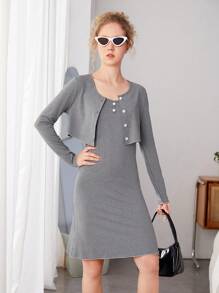 Conjunto De Vestido Y Cárdigan De Punto Corto Para Adolescentes - Gris - Ver 1