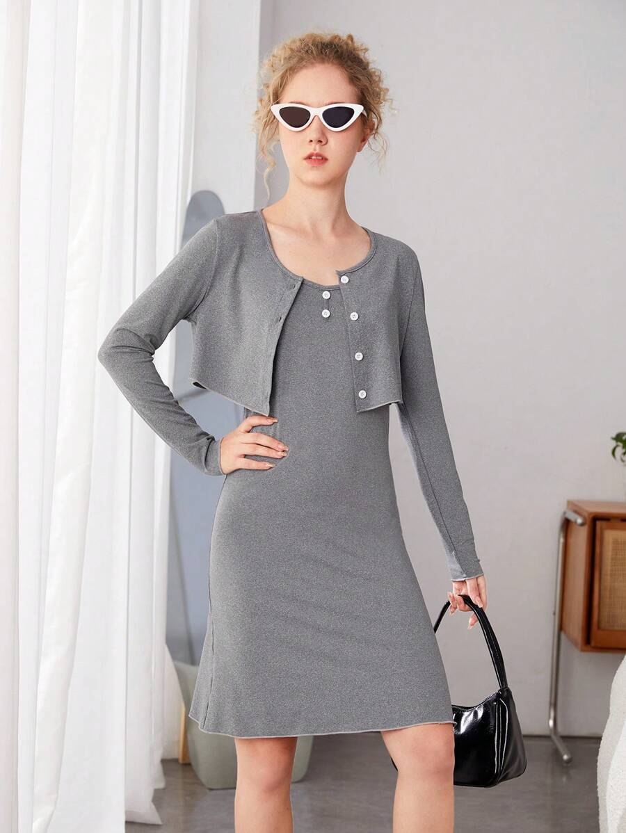 Conjunto De Vestido Y Cárdigan De Punto Corto Para Adolescentes - Gris - Ver 1