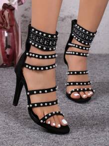 New Summer Arrival, Solid Color & Sexy & Pointed Toe & Rhinestone & Hollow Out & European And American Style & High Heeled Sandals - Black - View 4