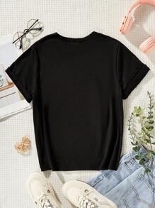 SHEIN Tween 女童时尚宽松猫咪印花落肩短袖 T 恤 - 黑色 - 查看 2