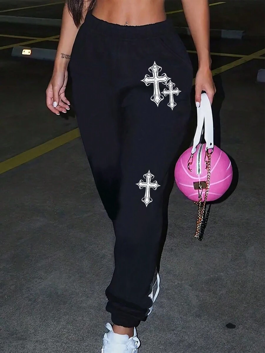 INAWLY Cross Print Sweatpants Graduation,Back To School Outfits,Graduation,Teacher Outfits For Women,Back To School Fall Cloth For Women - Black - View 1