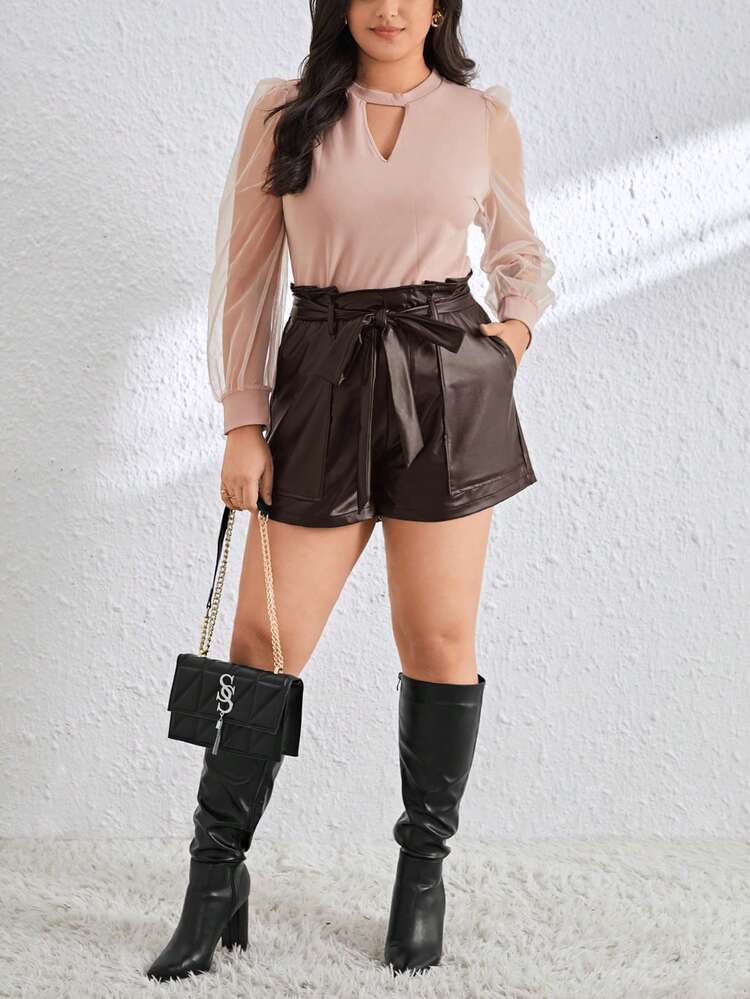 Plus Size Paper Bag Waist Straight Shorts