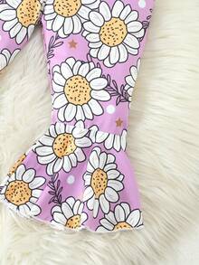 SHEIN 女宝宝字母印花连体衣和花卉喇叭裤套装 - 紫色 - 查看 5