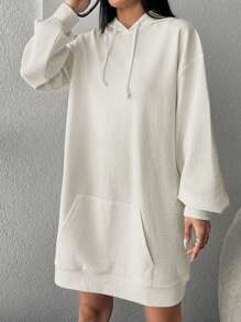 EURMUSE Kangaroo Pocket Drop Shoulder Drawstring Hooded Sweatshirt Dress - White - View 3
