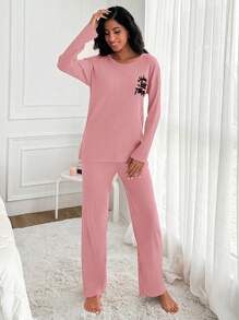 RueChic Letter Patterned Drop Shoulder Ribbed Knit Homewear Set - Baby Pink - View 3