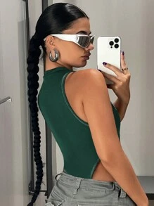 SHEIN ICON Women's Letter Print Tank Bodysuit - Dark Green - View 2