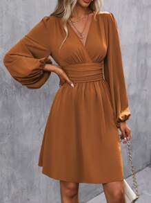 SHEIN Clasi 交叉領口花燭袖裙 - 亮橙色 - 查看 1