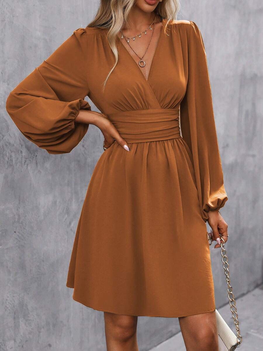 SHEIN Clasi 交叉領口花燭袖裙 - 亮橙色 - 查看 1