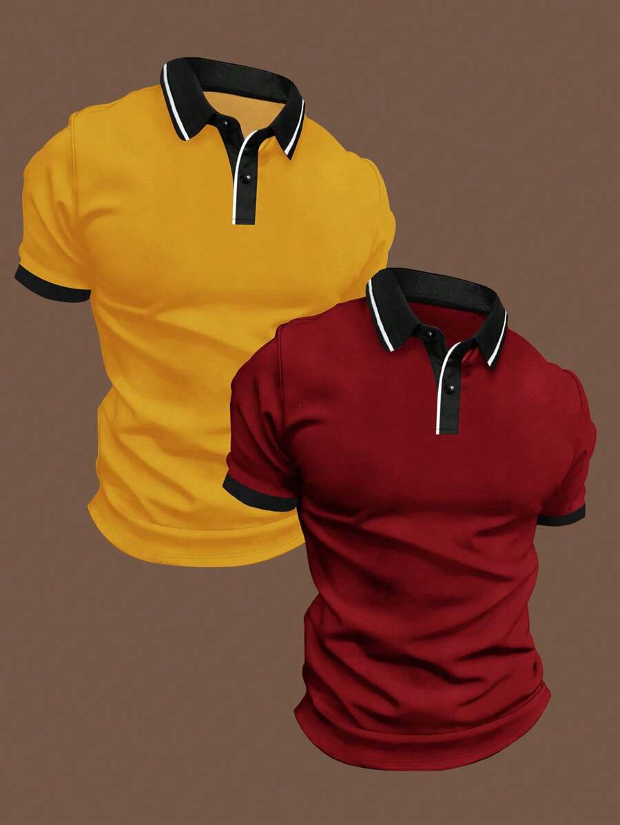Manfinity Homme Men'S Color Block & Edge Spliced Short Sleeve Polo Shirt - 2pcs/Set - Multicolor - View 1