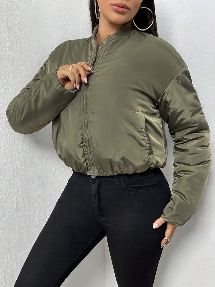 Drop Shoulder Zipper Front Padded Padded Coat Clothes Winter Fall Cloth For Women