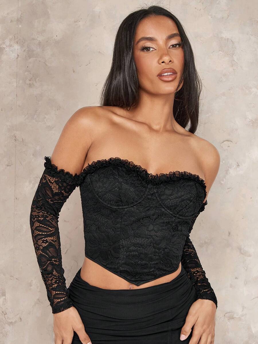 SHEIN BAE قمة دانتيل جذابة بأكتاف مكشوفة، لعيد الميلاد ورأس السنة الجديدة - الأسود - مشاهدة 1