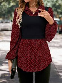 SHEIN LUNE 幾何圖案燈籠袖2合1上衣 - 酒紅色 - 查看 4